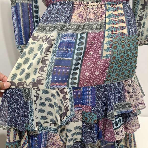 Hiche Colorful Patchwork Animal Print Boho Casual Tiered Dress Medium Multi Colo - Picture 9 of 16